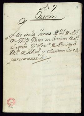 Oración que en la junta de 21 de abril de 1739 dijo en acción de gracias el señor D. Antonio de P...