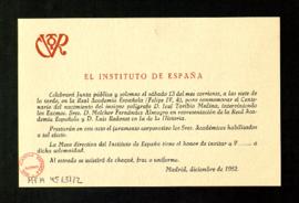 Invitación del Instituto de España a la conmemoración del centenario del polígrafo José Toribio M...