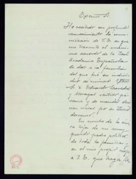 Carta de José Grinda al secretario [Mariano Catalina] de agradecimiento a la Academia por el pésa...