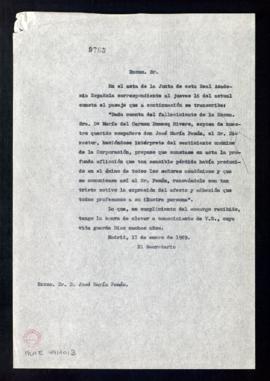 Copia sin firma del oficio del secretario [Rafael Lapesa] a José María Pemán en el que le transcr...