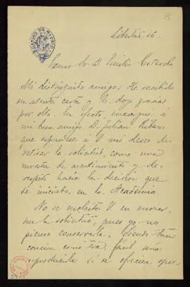 Carta de Eduardo Gómez de Baquero a Emilio Cotarelo en la que acusa recibo de su carta y le confi...