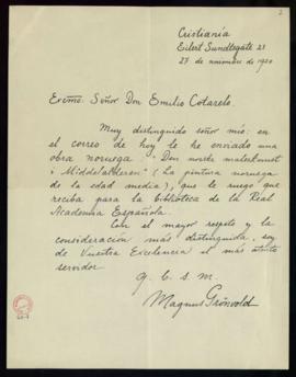 Carta de Magnus Grönvold a Emilio Cotarelo en la que le avisa de que le ha mandado la obra Norges...