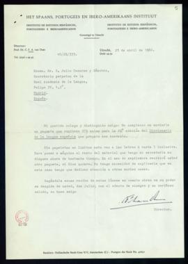 Carta de C. F. Adolf van Dam a Julio Casares con la que le remite 275 notas para el Diccionario d...