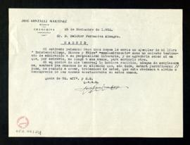 Carta de José González Martínez a Melchor Fernández Almagro en la que le pregunta si recibió el e...