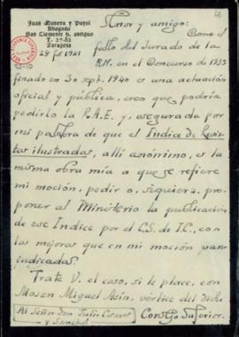 Carta de Juan Moneva y Puyol a Julio Casares en el que le pide que trate con Miguel Asín la posib...