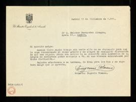 Carta de Eugenio Blanco, ministro togado de la Armada, a Melchor Fernández Almagro en la que le f...