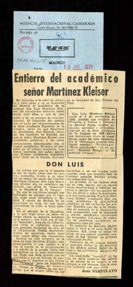 Recorte del diario Ya con el artículo Entierro del académico señor Martínez Kleiser, por Juan Sam...