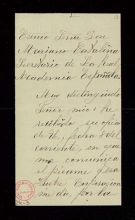 Carta de la condesa de Reparaz al secretario, Mariano Catalina, de agradecimiento a la Academia p...