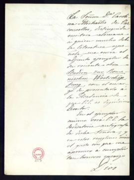 Carta de Francisco Asenjo Barbieri al director con la que remite un ejemplar con dedicatoria autó...