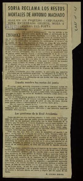 Recorte del diario Arriba con la noticia Soria reclama los restos mortales de Antonio Machado
