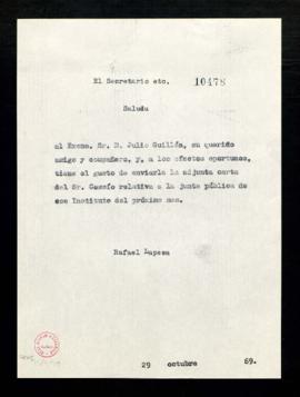 Copia sin firma del saluda del secretario, Rafael Lapesa, a Julio Guillén con el que le remite un...