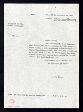 Copia del oficio de J. [José] de Erice, embajador de España, al ministro de Asuntos Exteriores, c...