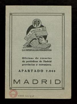 Carpetilla de La Información Periodística, oficina de recortes de periódicos de Madrid, provincia...