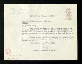 Carta de Francisco de Luis, consejero delegado de la Editorial Católica, a Melchor Fernández Alma...