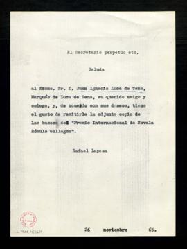 Copia sin firma del saluda de Rafael Lapesa, secretario, a Juan Ignacio Luca de Tena, marqués de ...