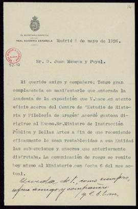 Minuta del oficio del secretario [Emilio Cotarelo] a Juan Moneva y Puyol de traslado del acuerdo ...