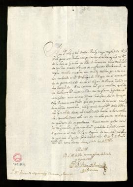 Carta de Pedro Peralta Barnuevo a Vincencio Squarzafigo en la que anuncia que Diego de Villegas l...