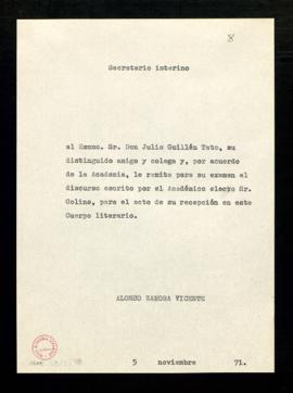 Copia sin firma del saluda del secretario interino [Alonso Zamora] a Julio Guillén con el que le ...