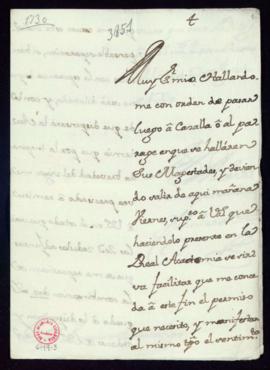 Carta de Casimiro de Ustáriz a Vincencio Squarzafigo en la que le comunica que ha de partir de vi...