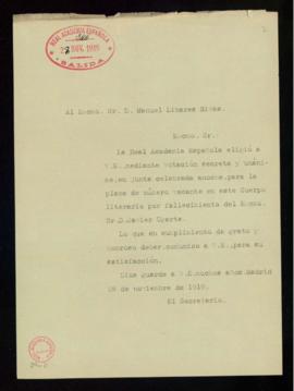 Copia sin firma del oficio del secretario [Emilio Cotarelo] a Manuel Linares Rivas de comunicació...