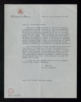 Carta de L. M. Guerrero, embajador de Filipinas, a Melchor Fernández Almagro en la que le anuncia...