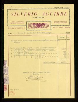 Factura de Silverio Aguirre por la impresión de 1015 ejemplares de Granada en la literatura román...