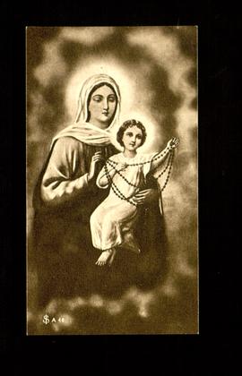 Estampa de la Virgen y el niño Jesús con rosario
