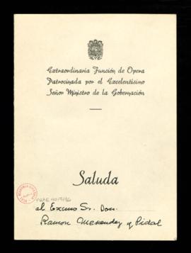 Invitación a Ramón Menéndez Pidal a una gala en el Teatro-Line Alcalá Palace en la que se represe...