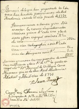 Memoria de Juan Pérez del importe de la venta de libros de la Real Academia Española en 1750