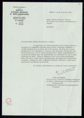 Carta de Noël Salomon a Alonso Zamora Vicente en la que le expresa su agradecimiento por el títul...