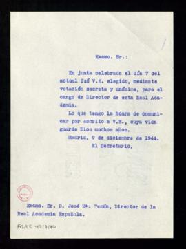 Copia sin firma del oficio del secretario [Julio Casares] a José María Pemán de su elección como ...