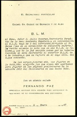 Besalamano de Fernando Paz, secretario particular del duque de Berwick y Alba, a Julio Casares co...