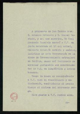 Copia sin firma del oficio del secretario a Abel Alarcón de traslado de su nombramiento como acad...