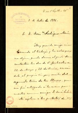 Carta de Antonio Aguilar y Cano a Francisco Rodríguez Marín con su opinión sobre Madrigales, Flor...