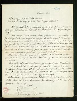 Carta de José Zorrilla a Pedro [Antonio de Alarcón] en la que le pide que le busque un editor, un...
