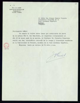 Carta de J. O. Luurs a Alonso Zamora Vicente en la que le anuncia el fallecimiento C. F. A. van Dam