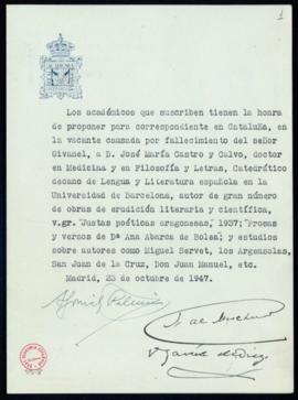 Propuesta de José María Castro y Calvo como académico correspondiente en Cataluña
