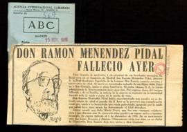 Recorte del diario ABC con la noticia Don Ramón Menéndez Pidal falleció ayer