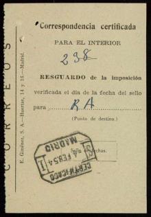 Resguardo de correspondencia certificada [del envío a Fritz Krüger de un ejemplar de la obra Refr...