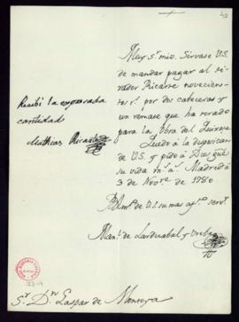 Orden de Manuel de Lardizábal del pago a Matías Ricarte de 900 reales de vellón por el tirado de ...
