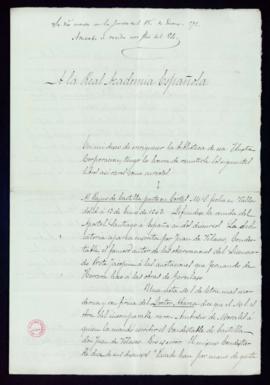 Carta de Adolfo de Castro en la que indica que ha remitido con destino a la Biblioteca de la Acad...