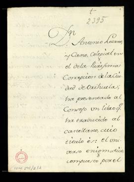 Oficio de Juan de Peñuelas a Fran[cis]co Ant[oni]o de Angulo de traslado del acuerdo del Consejo ...