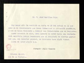 Copia de la carta de Julio Casares a José Martínez Ruiz en la que lamenta no poder contestar expl...