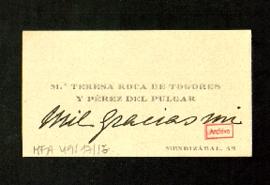 Tarjeta de M.ª Teresa Roca de Togores y Pérez del Pulgar