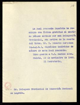 Copia sin firma del oficio del secretario al delegado provincial de Educación Nacional de Logroño...