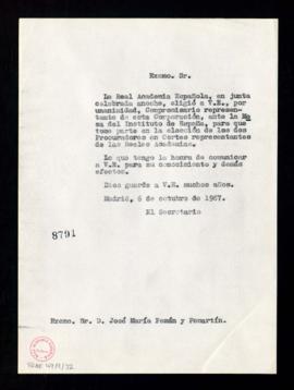 Copia sin firma del oficio del secretario [Rafael Lapesa] a José María Pemán de traslado de su de...