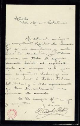 Carta del conde de Cheste al secretario, Mariano Catalina, por la que agradece a la Academia la f...