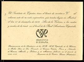 Invitación del Instituto de España al acto solemne que se celebrará el 17 de diciembre de 1939