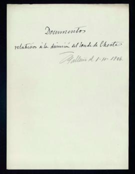 Carpetilla con el rótulo Documentos relativos a la dimisión del conde de Cheste