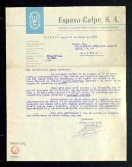Carta del subdirector de Espasa-Calpe a Melchor Fernández Almagro en la que le informa de que ha ...